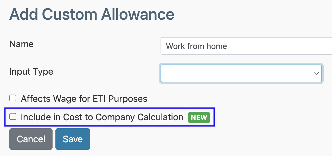 _**Add Custom Allowance**_ screen with **Include in Cost to Company Calculation** checkbox